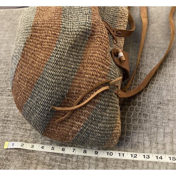 Vtg Woven Jute Leather Strap Straw Sisal Market Round Tote Shoulder Bag Purse - Picture 10 of 12